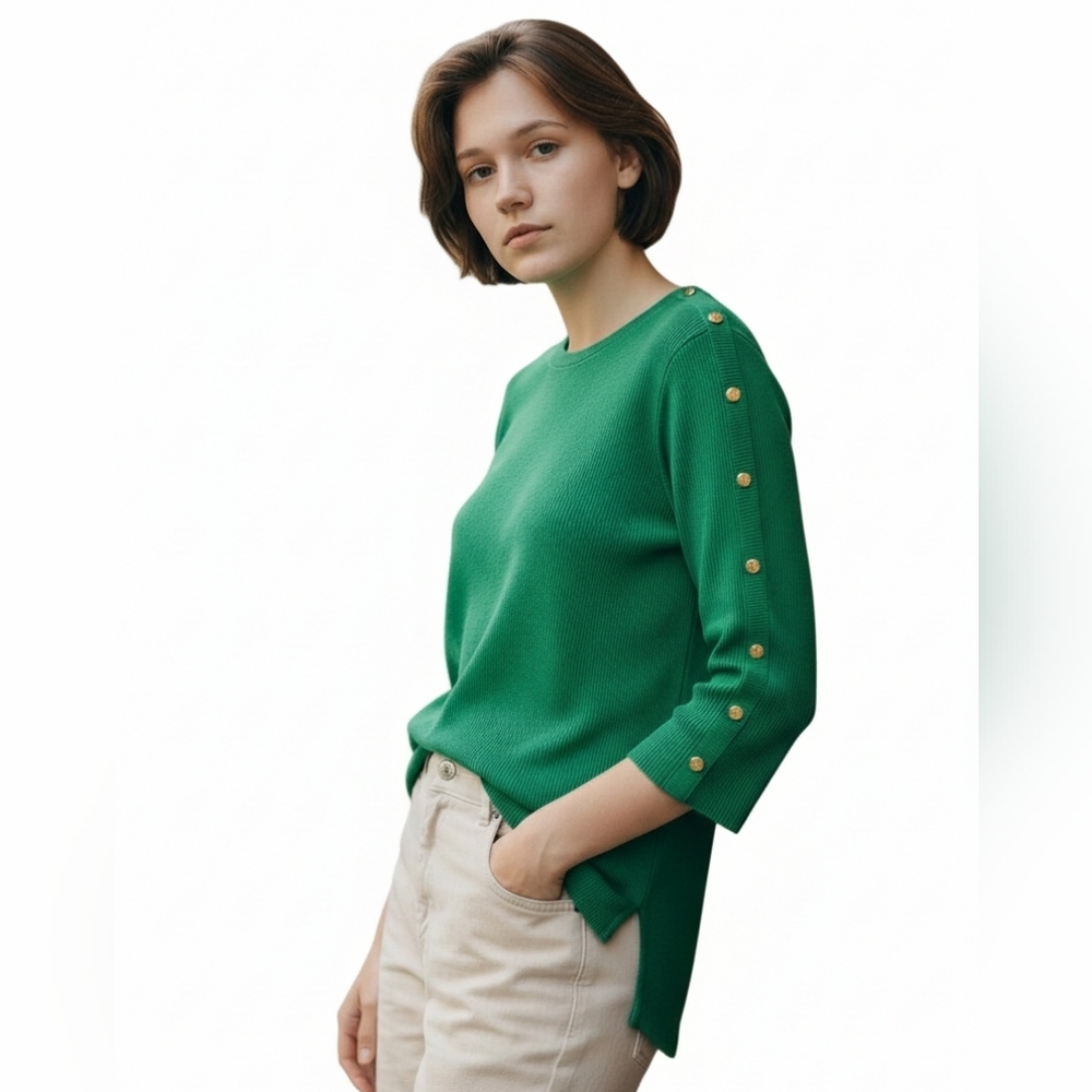 Talbots Tunic Sweater Kelly Green Gold-tone Button Detail Size Small
